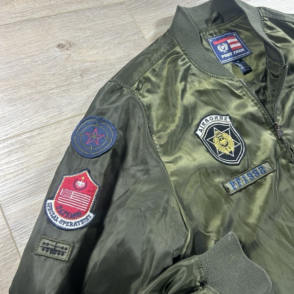 Vintage Phat Farm Bomber Jacket Mens Large Airborne Patches Dark Green Full Zip - Picture 5 of 15